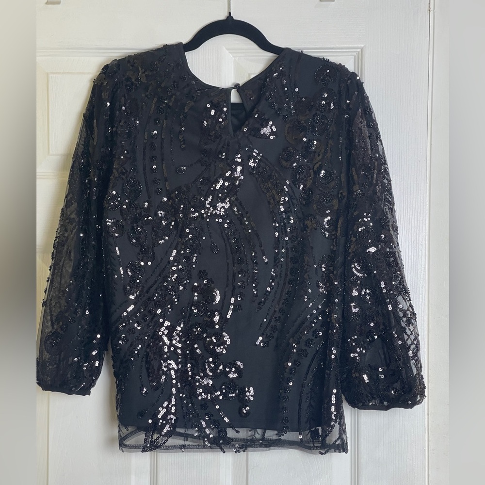 Adrianna Papell Sequin Beaded Medium Blouse Black Retro Gatsby Glam 3/4 Sleeves